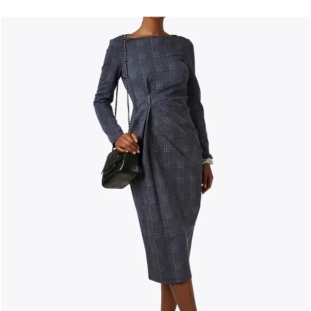 MaxMara Navy Plaid Long Sleeve Dress